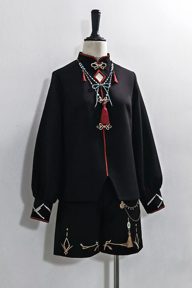 Black/White [Mountain Spirit] Long Sleeves Embroidered Hooded Classic Chinese Inspired Ouji Lolita Shorts Set - Product - 15