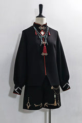 Black/White [Mountain Spirit] Long Sleeves Embroidered Hooded Classic Chinese Inspired Ouji Lolita Shorts Set - Product - 15