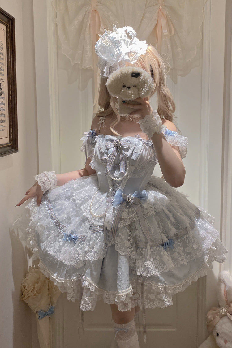 Blue [Anna’s Ball] Square Collar Ruffled Hanayome Bow Lace Sweet Princess Ballet Lolita Jsk Dress - Blue - 1
