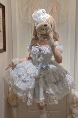 Blue [Anna’s Ball] Square Collar Ruffled Hanayome Bow Lace Sweet Princess Ballet Lolita Jsk Dress - Blue - 1