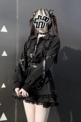 Black [False Judgment] Ruffled Lace Zippered Gothic Jirai Kei Japanese Handsome Skirt Set - Product - 9