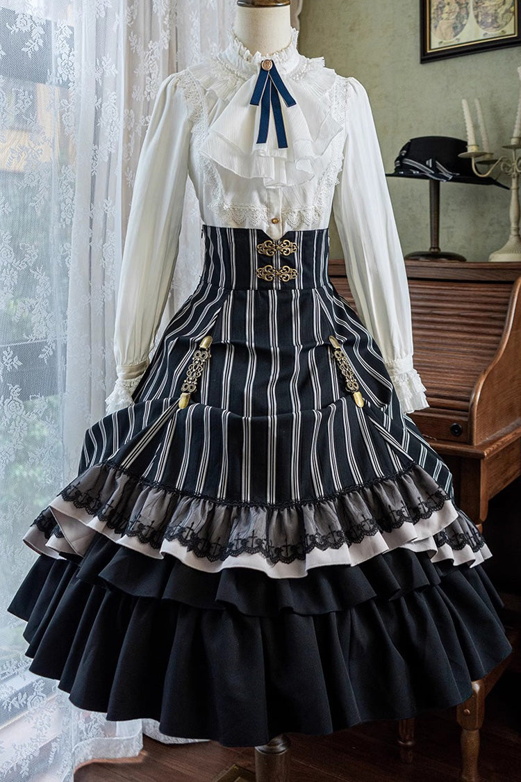 Black Point Manor Multi-layer Striped Print Ruffle Gothic Lolita Skirt - Product - 13