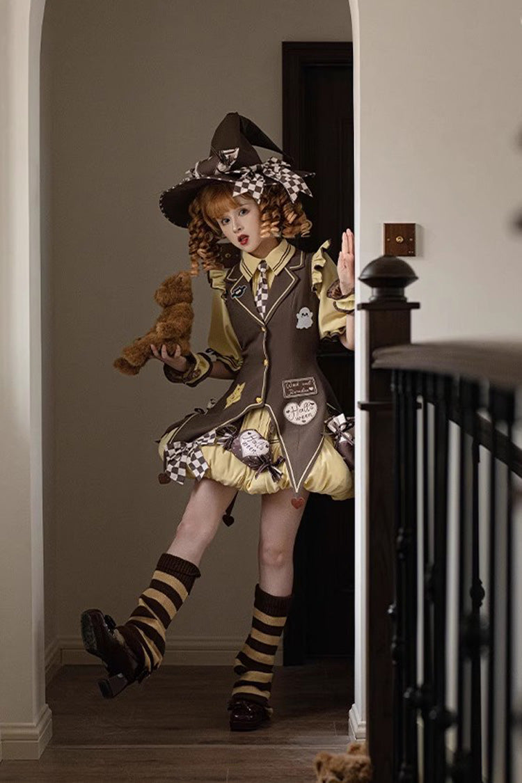 Brown/Yellow [Witch and Paradise] Short Sleeves Ruffle Bowknot Sweet Japanese Halloween Lolita Dress Vest Set - Product - 11