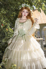 Green [Letters & Poems · Whisper of Lily of the Valley] Square Collar Multi-Layered Ruffled Embroidered Fishbone Sweet Lolita Jsk Dress 2 Versions - Product - 20