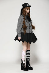 Black/White Skull Lace Jabot Striped Lapel Collar Long Sleeves Ruffled Women's Lolita Gothic Blouse - Product - 2
