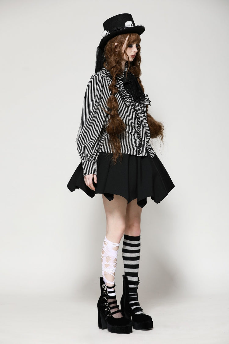 Black/White Skull Lace Jabot Striped Lapel Collar Long Sleeves Ruffled Women's Lolita Gothic Blouse - Product - 2