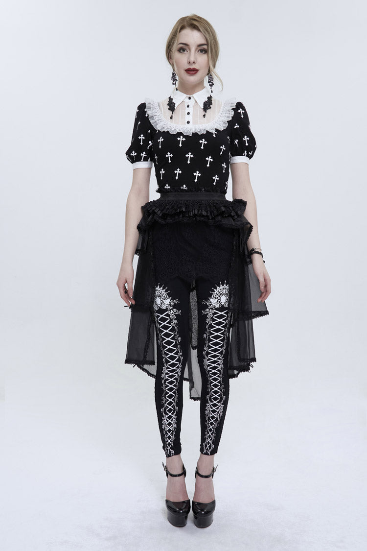 Black/White Cross Printed Chest Paneled Chiffon With Lace Collar Applique? Lace Strap Pendant Women's Punk Shirt - Product - 4