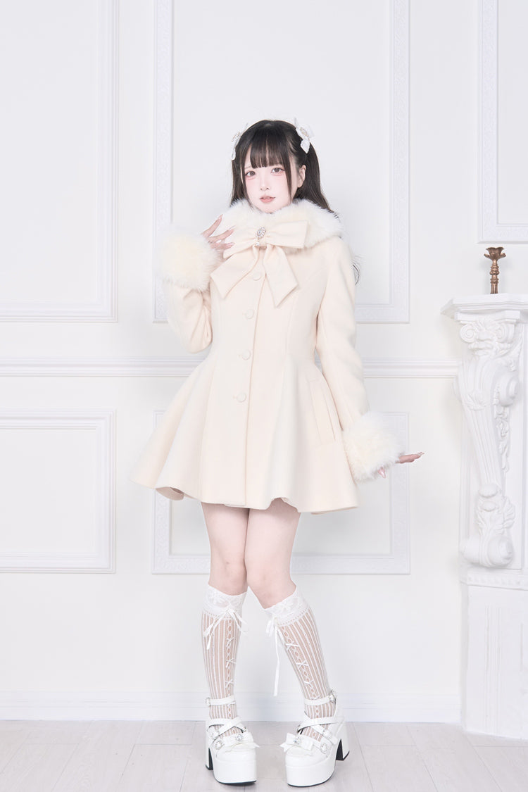 Apricot Plush Collar Long Sleeves Bowknot Japanese Sweet Lolita Coat - Product - 4