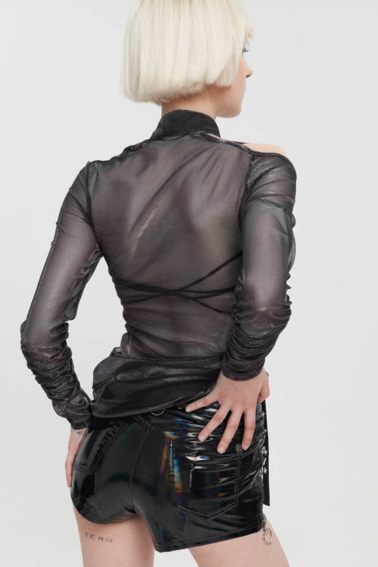 Black Long Sleeve Neck Zipper Asymmetric One Shoulder Strap Mesh Women's Punk T-Shirt - Product - 3