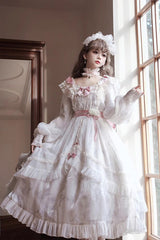 Ivory Long Sleeves Rose Print Bowknot Sweet Princess Lolita Dress - Product - 5
