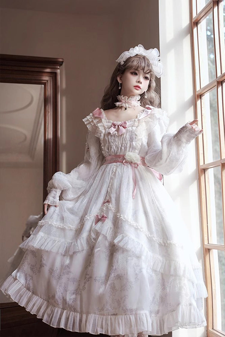 Ivory Long Sleeves Rose Print Bowknot Sweet Princess Lolita Dress - Product - 5