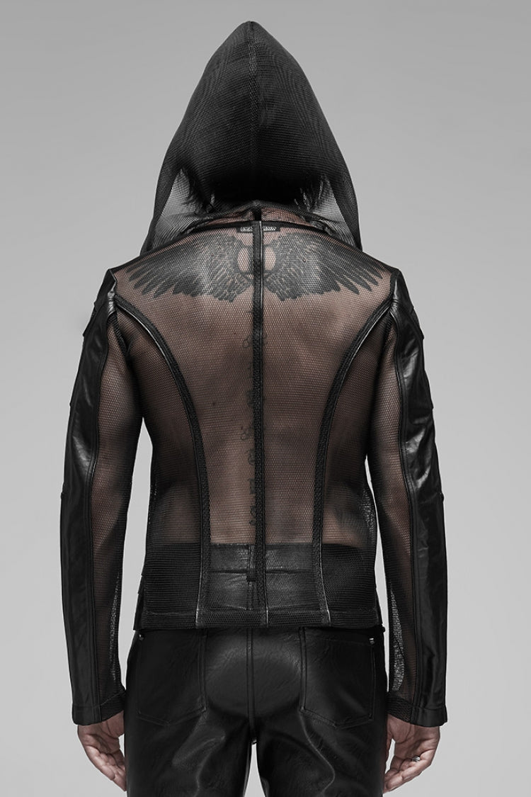 Black Long Sleeves Hooded Mens Translucent Steampunk Coat - Product - 3
