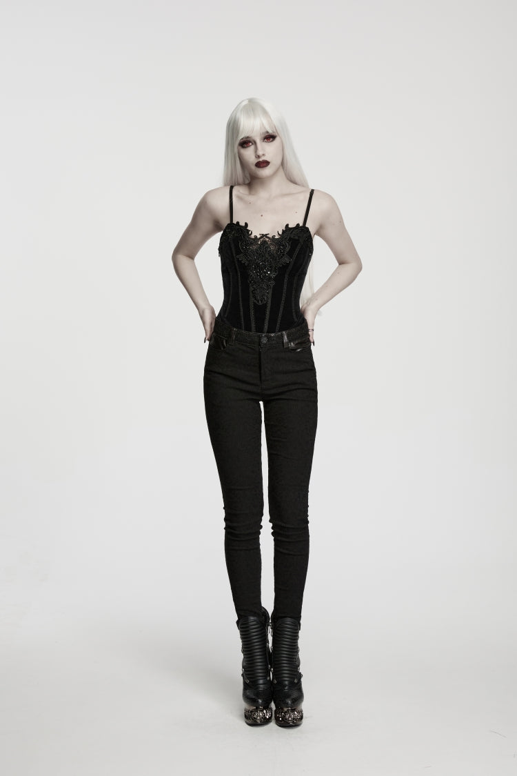Black Jacquard Slim Fit Women's Gothic Cool Cosplay Pants - Product - 7