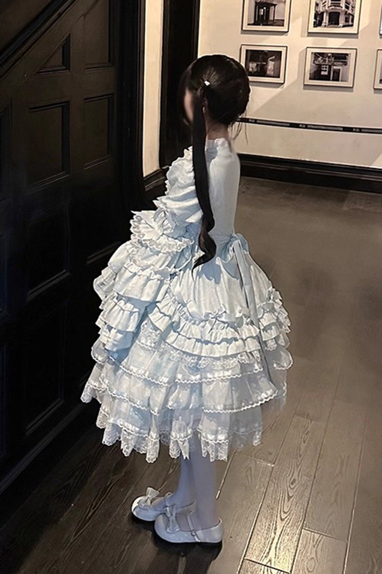 Blue [The Soloist Doll] Long Hime Sleeves Multi-Layered Print Ruffle Bowknot Asymmetric Sweet Lolita Dress - Product - 23