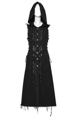 Black Side Drawstring Sleeveless Pin Decoration Hooded Womens Steampunk Long Vest - Product - 6