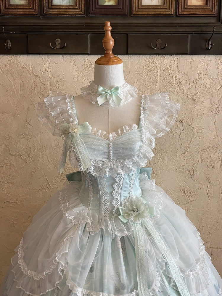 Mint green lily print Lolita dress floral waist detail