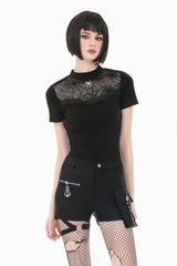 Black Short Sleeves Cut-Out Spider Cobweb Sheer Mesh Women's Gothic Top - Black - 1