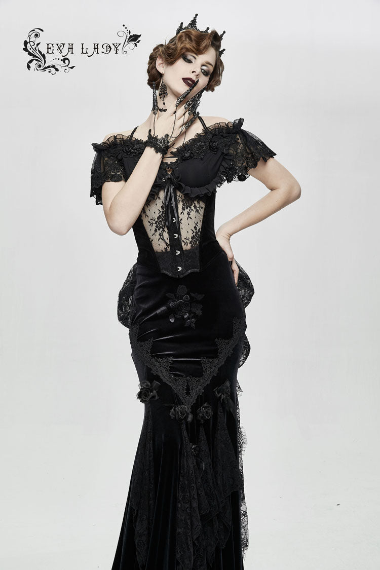 Black Gorgeous Sheer Floral Lace Ruffled Fitted Women's Gothic Corsets With Detachable Hem - Product - 3