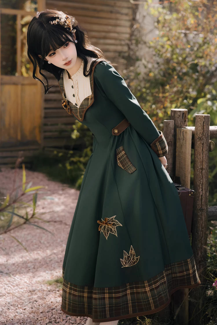Green [Autumn Chronicles] Round Collar Long Sleeves Printed Embroidered Spliced Slim Sweet Lolita Dress - Product - 5