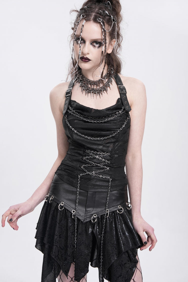 Black Halterneck Ripped Chained Women's Punk Vest - Product - 2