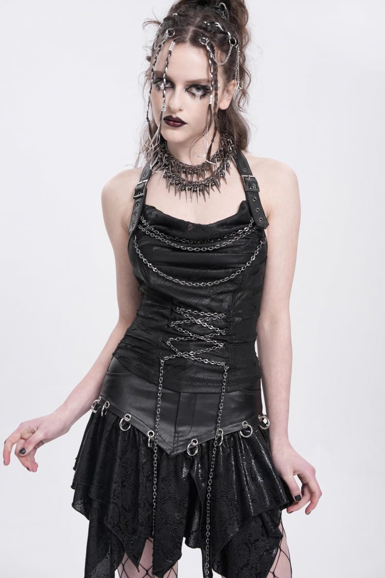 Black Halterneck Ripped Chained Women's Punk Vest - Product - 2