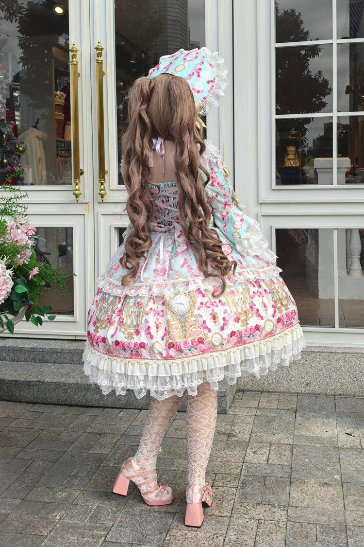 Mint Green/Pink [Rose Garden Prelude] Square Collar Long Trumpet Sleeves Printed Ruffled Bow Lace Lace-Up Sweet Lolita Dress - Product - 5