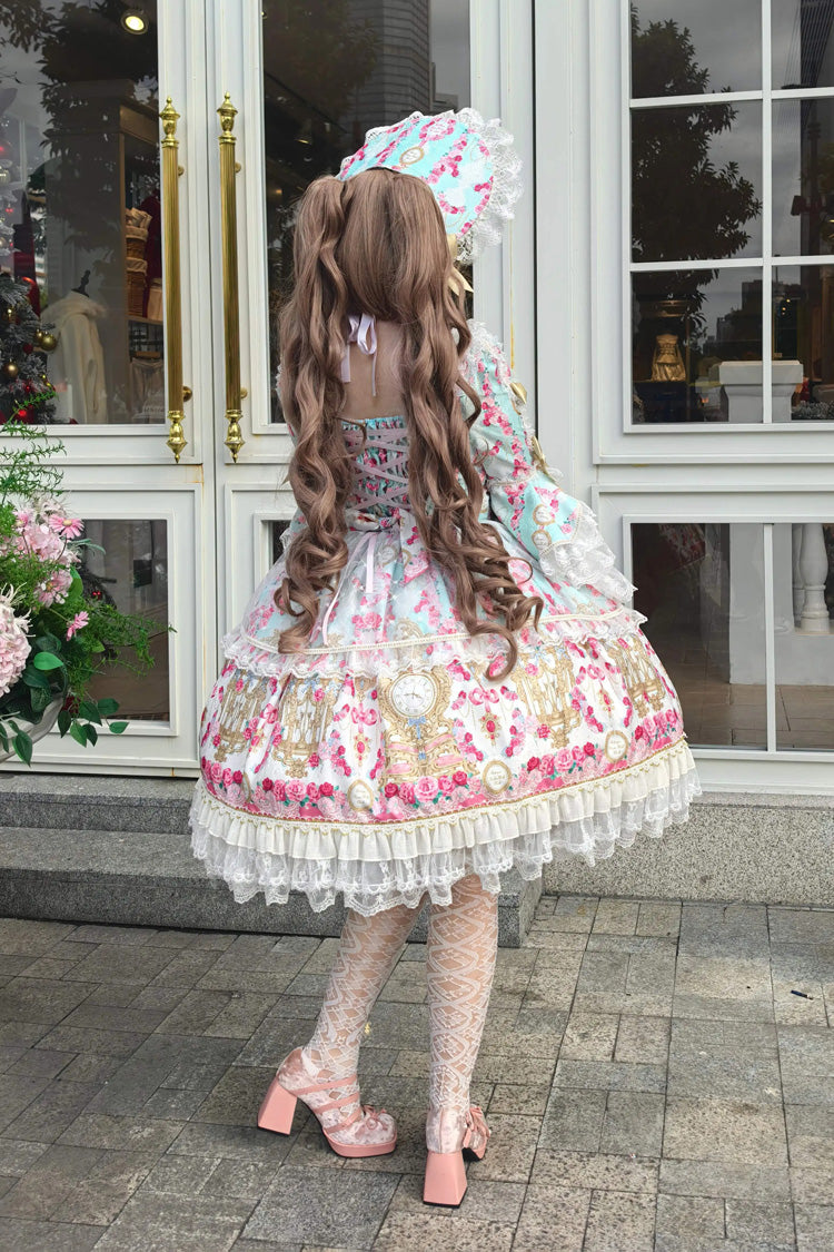 Mint Green/Pink [Rose Garden Prelude] Square Collar Long Trumpet Sleeves Printed Ruffled Bow Lace Lace-Up Sweet Lolita Dress - Product - 5