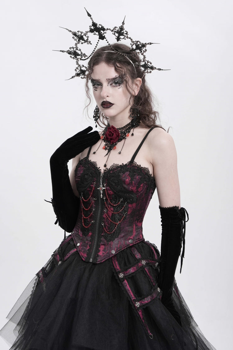 Red Sleeveless Embroidery Lace Chain Women's Gothic Vest - Red - 1