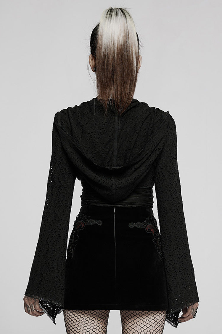 Black Gothic Lace Big Hat Hole Mysterious Horn Long Sleeve Short Women's Coat - Product - 3