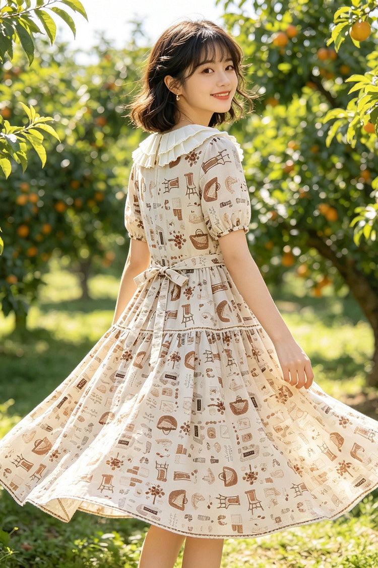 Apricot Short Sleeves Printed Ruffled Bow Sweet Plus Size Lolita Dress - Product - 2