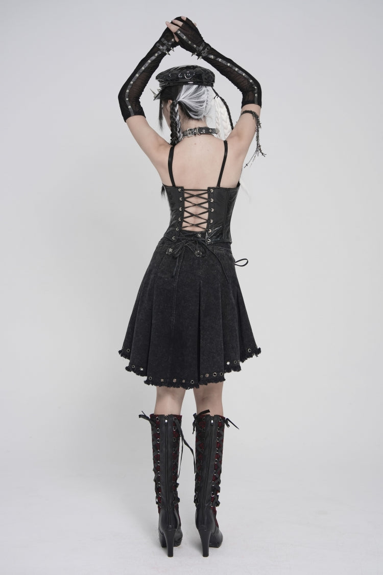 Black Lace-Up Pleated Eyelet Women's Punk Skirt - Product - 11