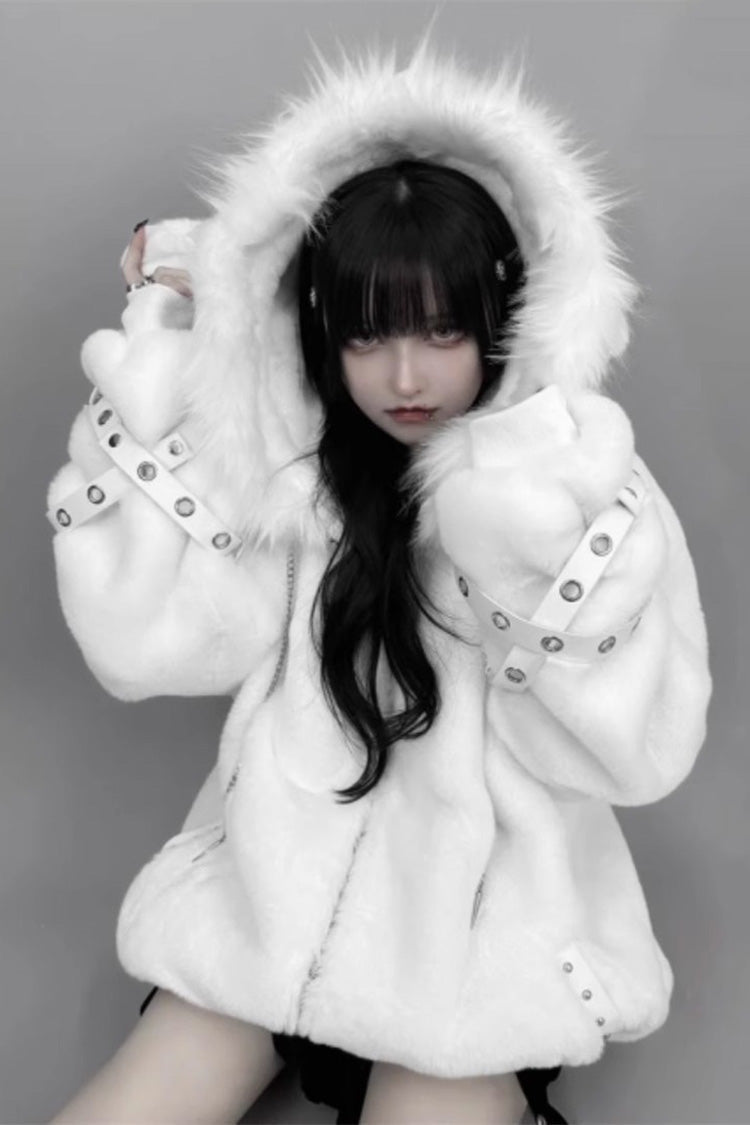 White Long Sleeves Lamb Ears Hooded Rivet Punk Japanese Jirai Kei Coat - Product - 2