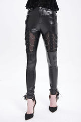 Black Chain Faux Leather Stitching Lace Women's Gothic Pants - Product - 12