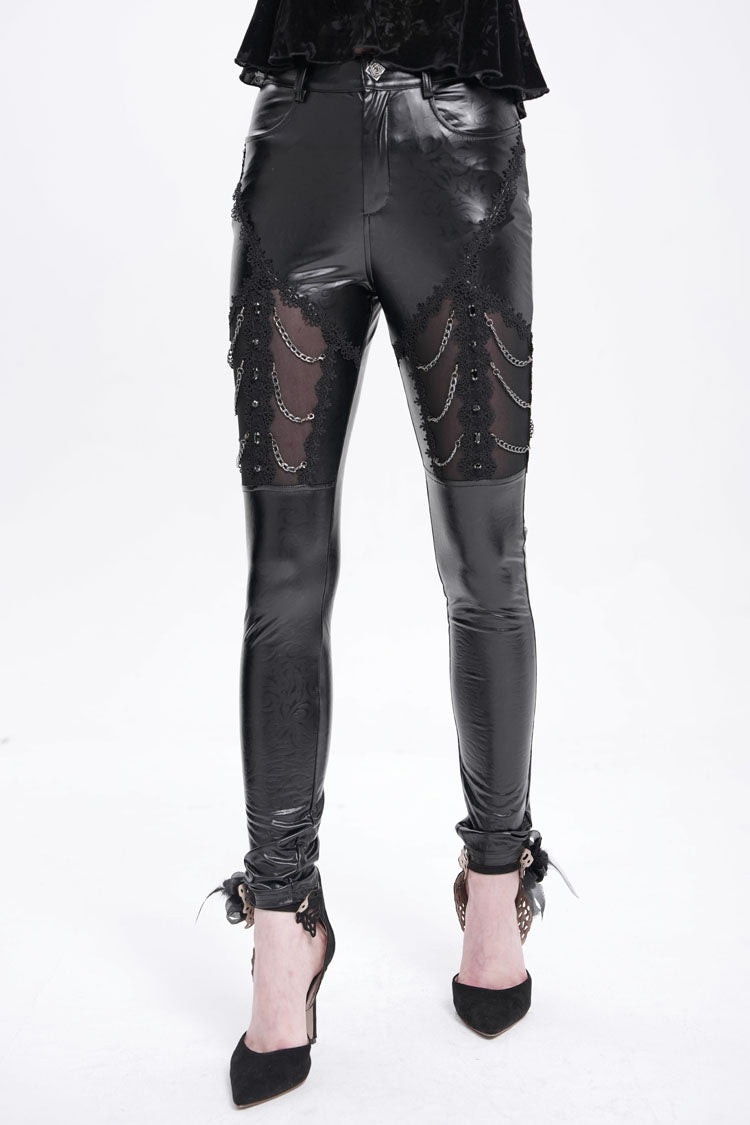 Black Chain Faux Leather Stitching Lace Women's Gothic Pants - Product - 12
