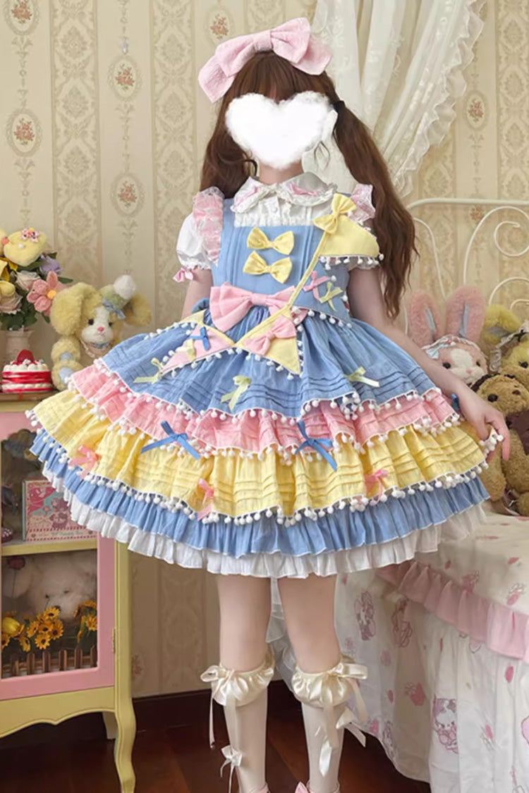 Yellow/Blue/Pink Cute Candy Bowknot Sweet Lolita Jsk Dress (Includes Pennant) - Yellow/Blue/Pink - 1