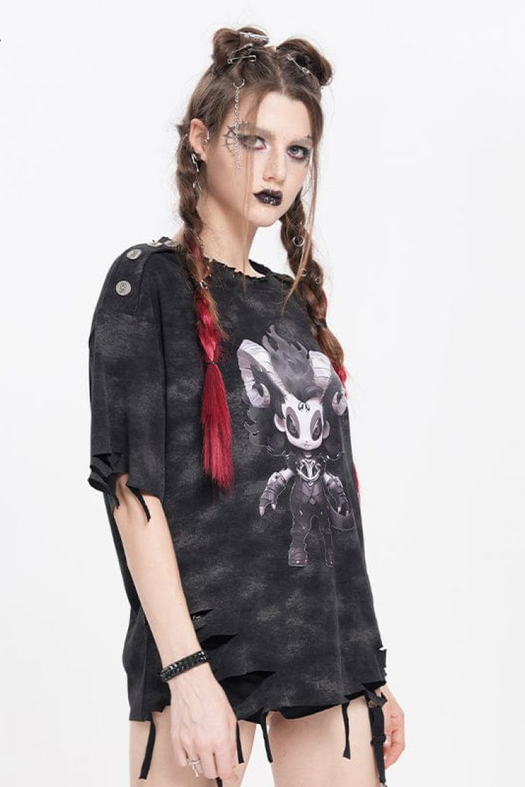 Black Short Sleeves Lilimar Print Ripped Women's Punk T-Shirt - Product - 4