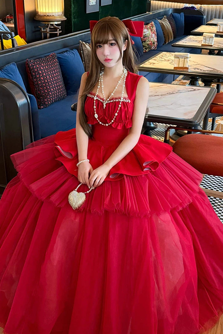 Red [Romantic Rose] Square Collar Sleeveless Ruffled Classic Ballet Lolita Dress - Product - 16