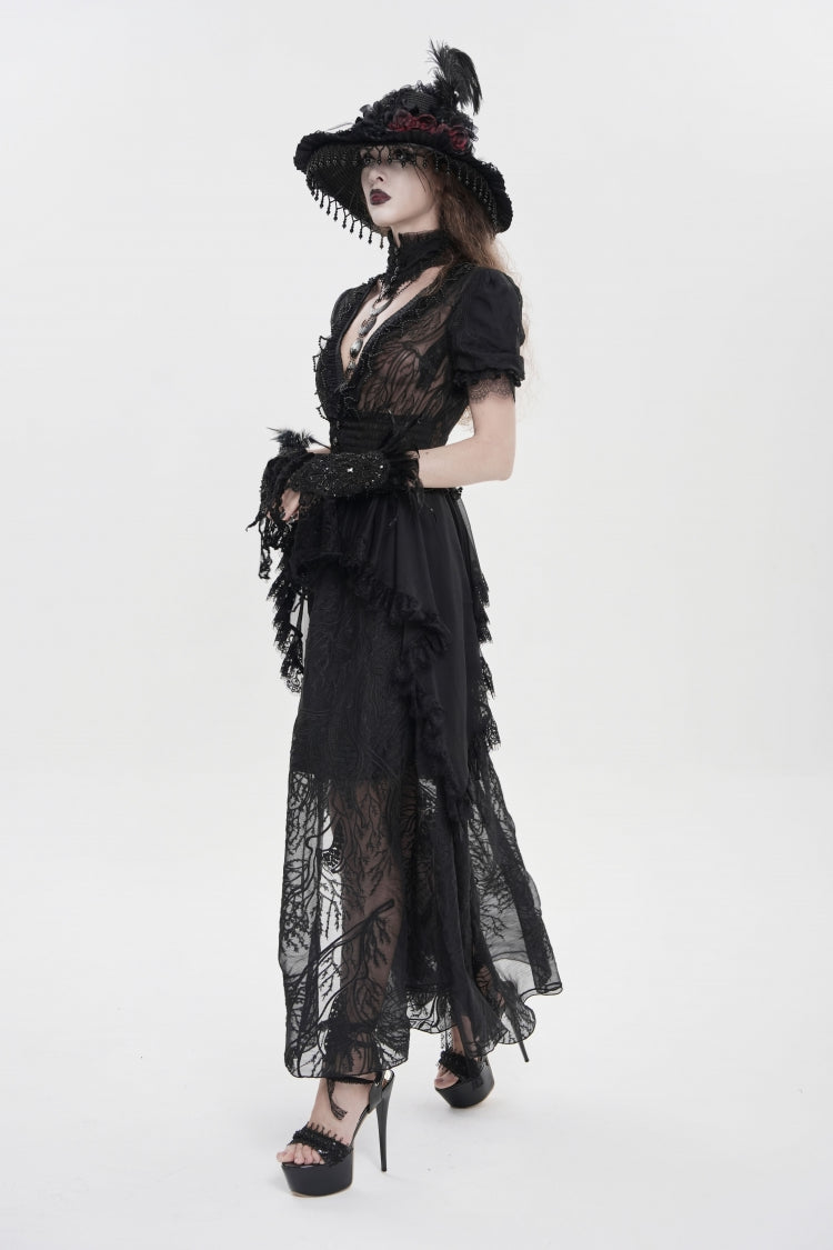 Black V Collar Short Sleeves Hanayome Lace Women's Gothic Wedding Dress - Product - 7