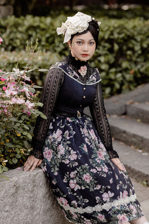 Black Elegant Vintage French Rose Floral Print V Collar Sleeveless Ruffled Classic Lolita JSK Dress - Product - 8