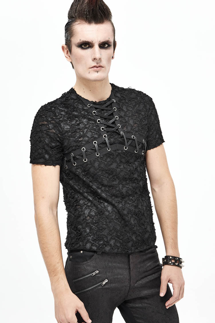 Black Broken Holes Thick Stripes Chest Lace-Up Knit Short Sleeve Men's Punk T-Shirt - Product - 2