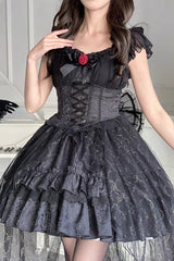Black Short Sleeves Ruffle Rose Bowknot Elegant Princess Gothic Lolita Tiered Dress - Product - 11