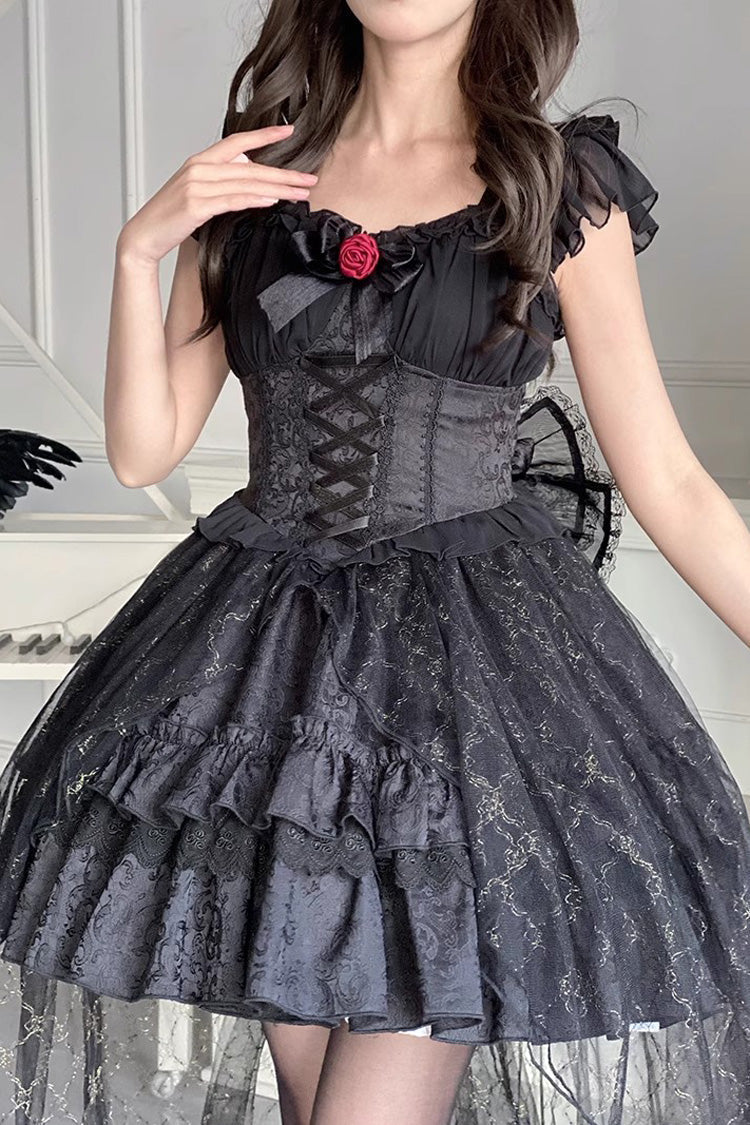 Black Short Sleeves Ruffle Rose Bowknot Elegant Princess Gothic Lolita Tiered Dress - Product - 11