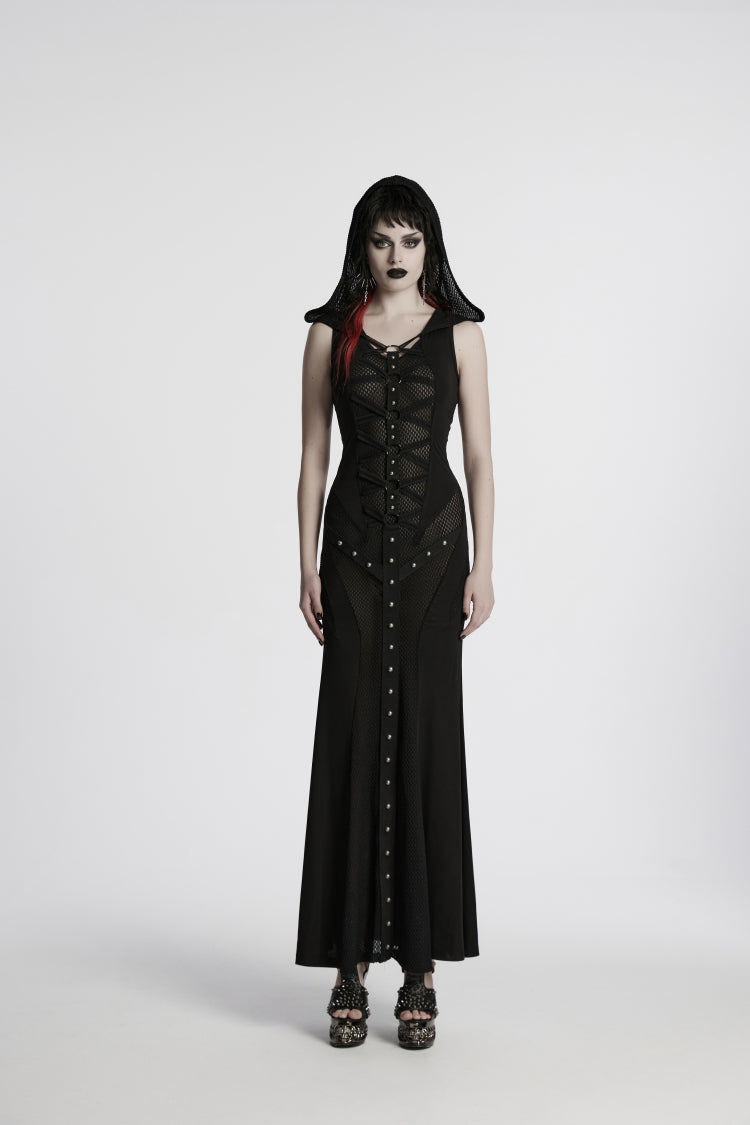 Black Off Shoulder Sleeveless Spliced Lace-Up Slim Mesh Studded Eyelet Women's Punk Dress - Black - 1
