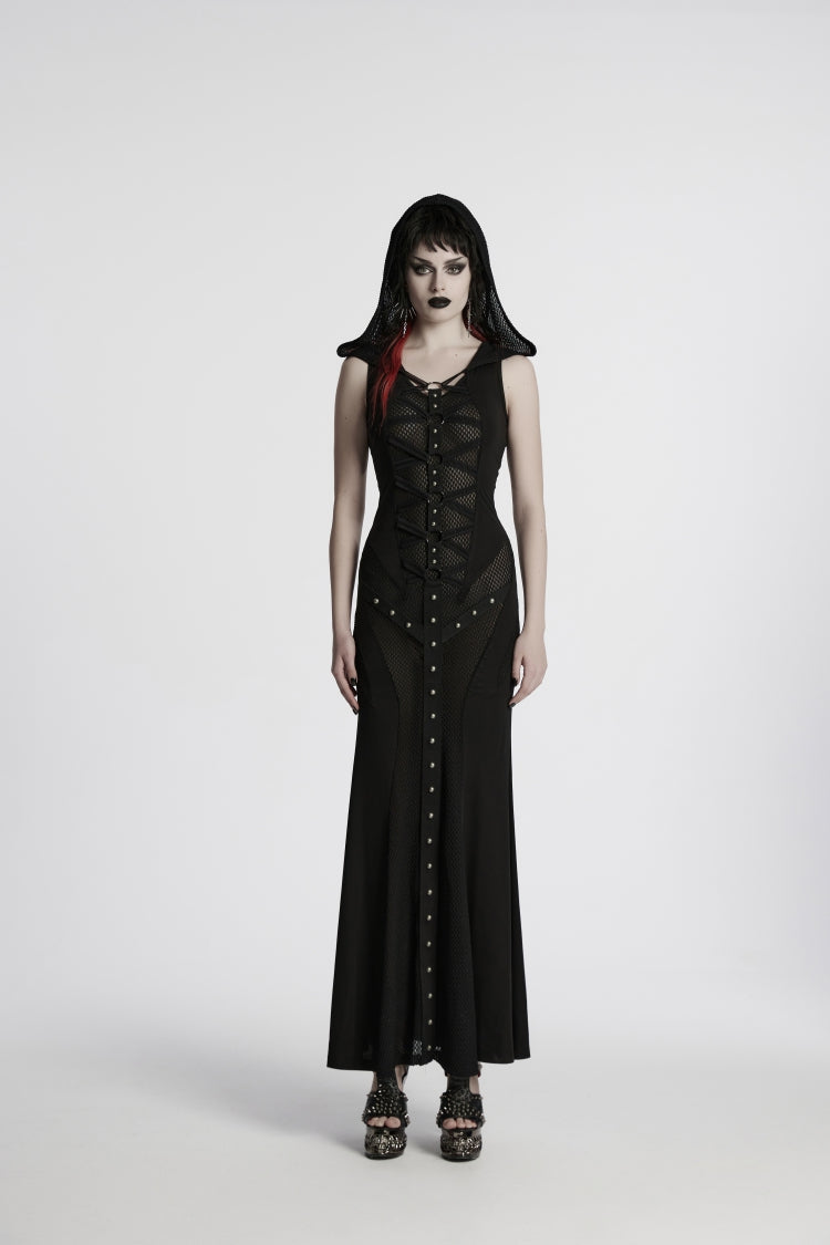Black Off Shoulder Sleeveless Spliced Lace-Up Slim Mesh Studded Eyelet Women's Punk Dress - Black - 1