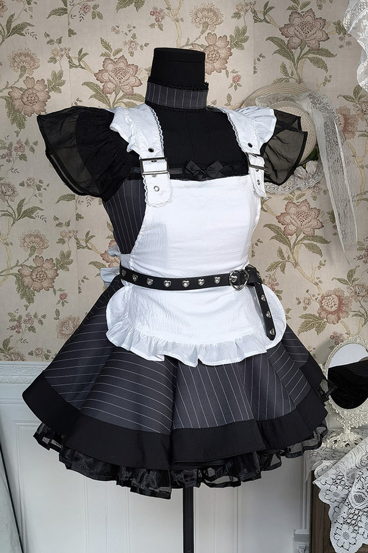 Grey Stripe Print Ruffle Bowknot Gothic Japanese Maid Lolita Dress - Product - 2