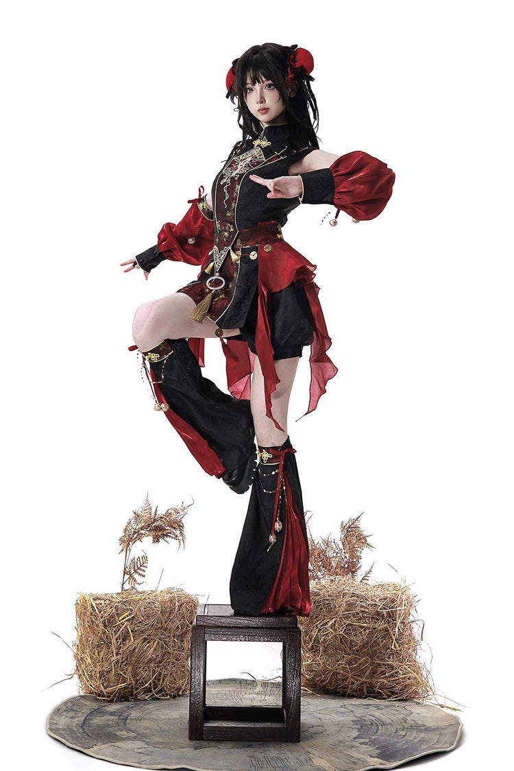 Black/Red [Demon Hunter] Stand Collar Sleeveless Embroidered Gothic Chinese Inspired Cool Ouji Hanfu Set - Product - 2