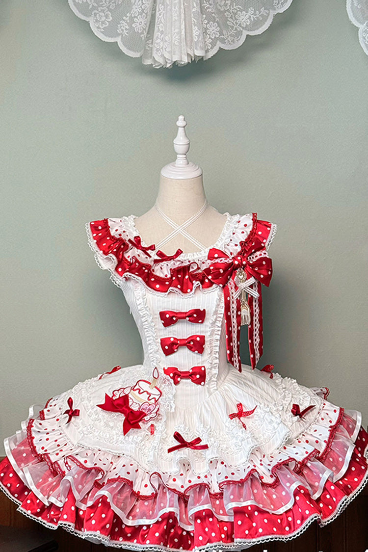 Red/White Twin Bears Sleeveless Triple-Layered Print Ruffle Bowknot Lace Sweet (Dress Only) detail view 3