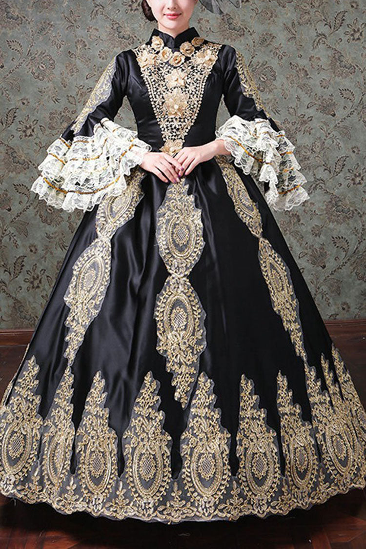 Multi-Layer Half Sleeves Trumpet Sleeves High Waisted Hollow Embroidery Print Victorian Lolita Prom Dress - Black - 1