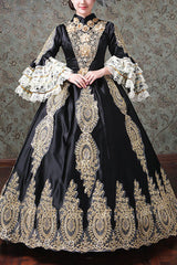 Multi-Layer Half Sleeves Trumpet Sleeves High Waisted Hollow Embroidery Print Victorian Lolita Prom Dress - Black - 1