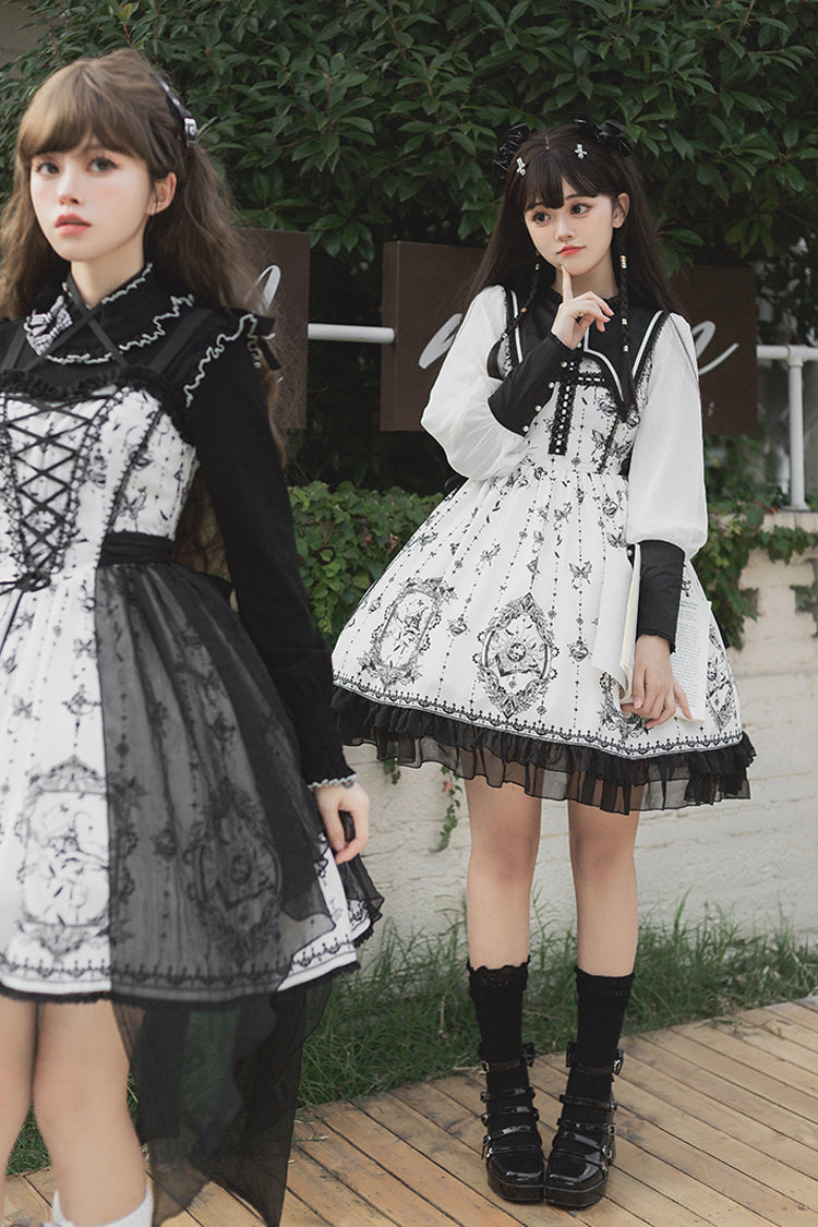 Black/White Long Sleeves Lace Ruffle Butterfly Magic Print Gothic Lolita OP Dress - Product - 8